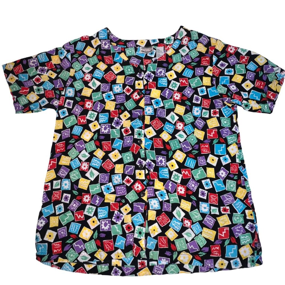 VTG Separate Issue Top Women 20 Button Front Colorblock Floral 80s 90s Shirt
